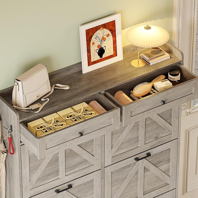Shoe Cabinet for Entryway, Farmhouse Shoe Storage Cabinet with 6 Flip Drawers and 2 Top Drawers, Tall Narrow Shoe Organizer Cabinet with Adjustable Shelves, Side Hooks and Anti-Tip Kit