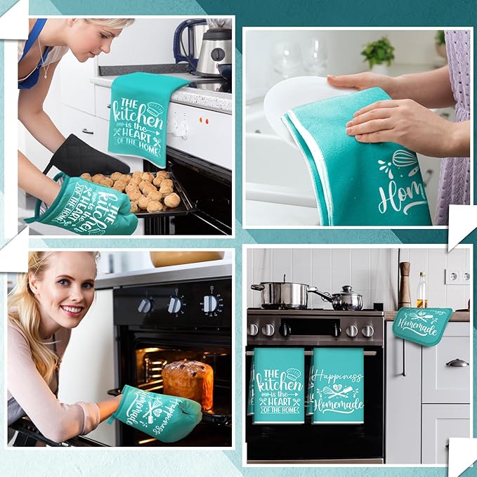 Sratte 6 Pcs Kitchen Decor Accessories Set Farmhouse Towels Pot Holders Oven Mitts Set 2 Dish Towels 2 Potholders 2 Cooking Mittens Oven Glove for Christmas Baking Cooking Supply(Light Teal,Kitchen)