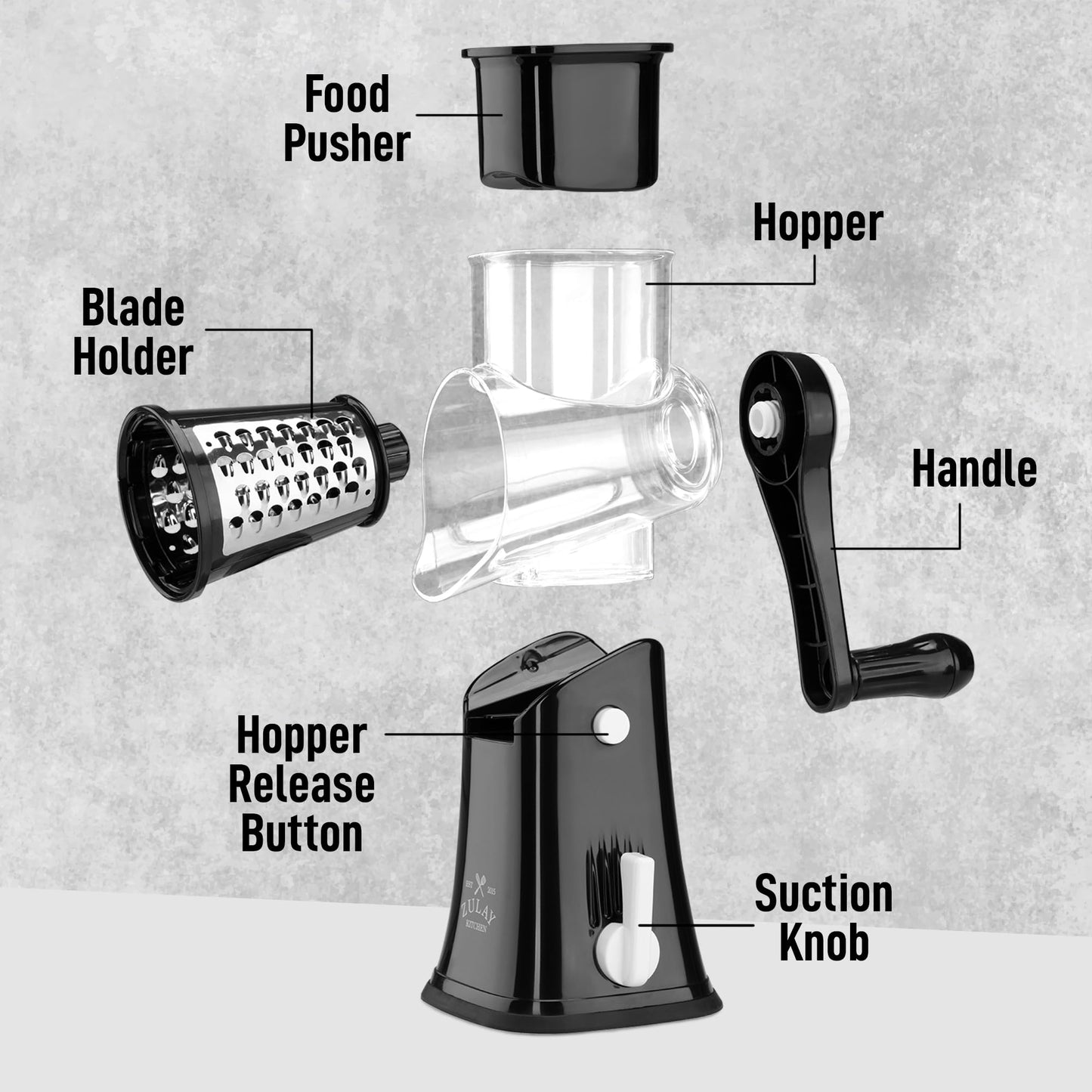 Zulay Kitchen Rotary Cheese Grater 5 Blade Cheese Shredder - Manual Hand Crank Cheese Grater With Reinforced Suction & 5 Interchangeable Drums - Easy to Use, Vegetable Chopper Round Mandoline Slicer