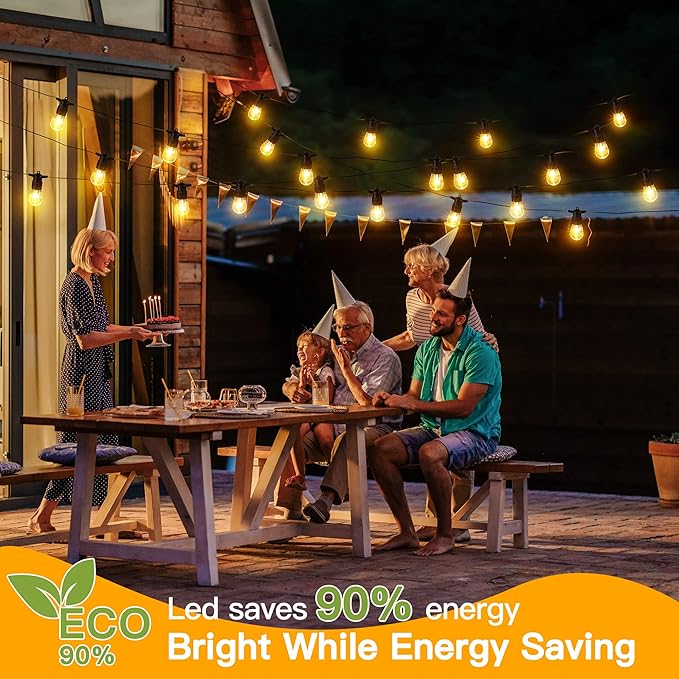 Ollny Outdoor String Lights, 50 FT Waterproof Connectable Patio Lights with 15 Shatterproof Bulbs(2 Spare), Outside Hanging Light for Balcony, Porch, Yard, Garden, Backyard