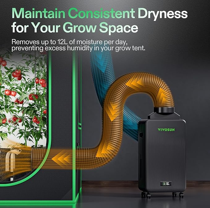 VIVOSUN AeroDrain D12 Smart Environmental Dehumidifier, up to 12L/day, 2L Water Tank, with Temperature & Humidity Sensor Probe, Smart Remote Control, Designed for Grow Tents
