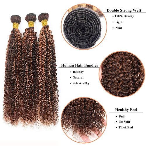 Giginger Jerry Curly Human Hair Bundles 18 20 22 Inch Brazilian Chocolate Brown Highlight P4/30 Jerry Curly Bundles Human Hair 100% Unprocessed Raw Quick Weave Hair for Black Women
