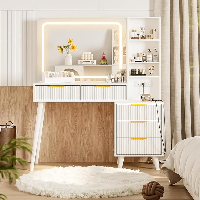 Makeup Vanity Desk with Mirror and Lights, Makeup Vanity with 5 Drawers&Storage Shelves, Vanity Table with Power Outlet, 3 Color Adjustable Lighting Dressing Table Set for Bedroom Ivory