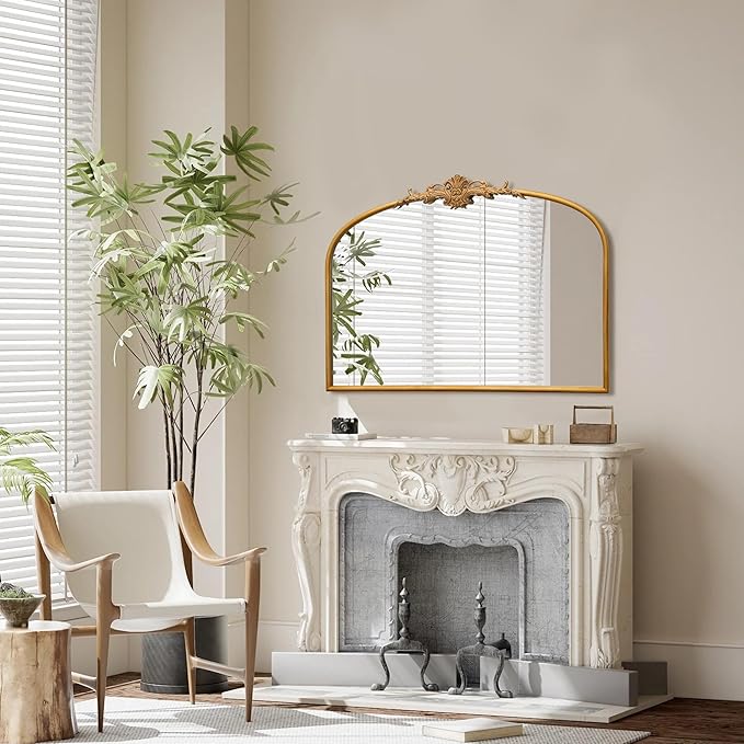 Besdomus Antique Arched Gold Mirror: 32"x24" Large Gleaming Gold Antique Wall Mounted Mirror - Baroque Traditional Ornate for Fireplace/Bathroom/Bedroom - Wall Decor for Homemakers