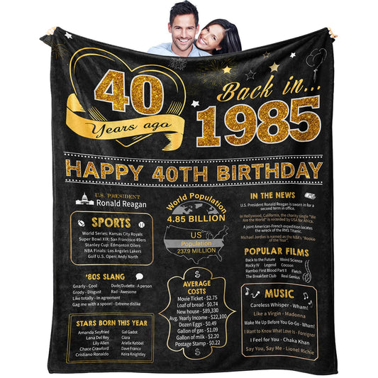 40th Birthday Gifts Women Men, 40 Year Old Birthday Gifts for Women Men, 40th Bday Gift Ideas Throw Blanket 60 x 50 Inch, 1985 Bday Gift for Woman Man, 40 Yr Old/Forty Presents for Female Male