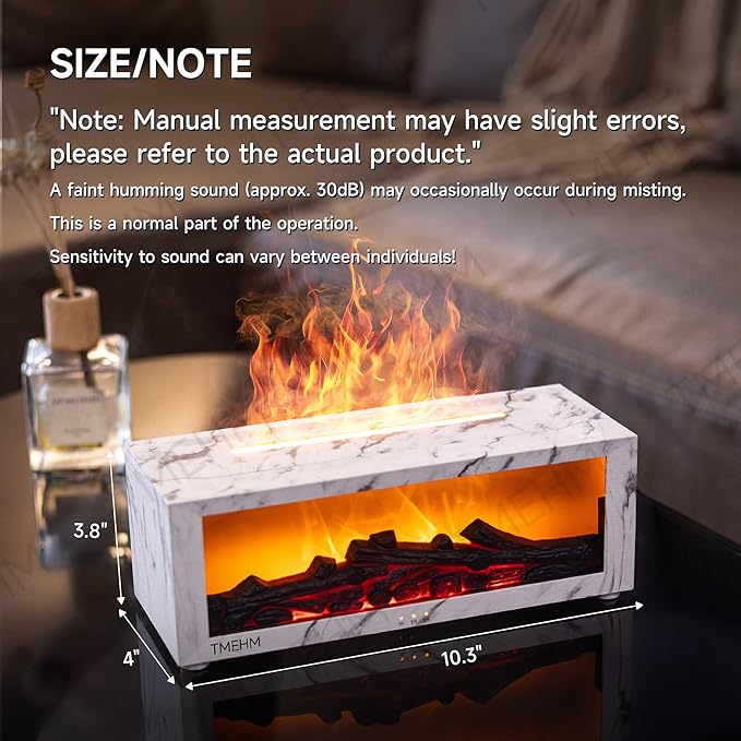 Fireplace Flame Air Diffuser Humidifier,7 Colors Aromatherapy Essential Oil Diffuser,Ultrasonic with Timer for Home,Bedroom,Office,Yoga (White Marble)