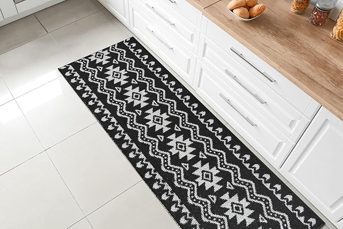 Custom Length Cut to Size Tribal Ethnic Southwestern Inspired Hallway Runner Rug, Non Slip Rubber Backed, 31 inch Wide X Customized Length, Aztec Black, 31 inch X 30 feet
