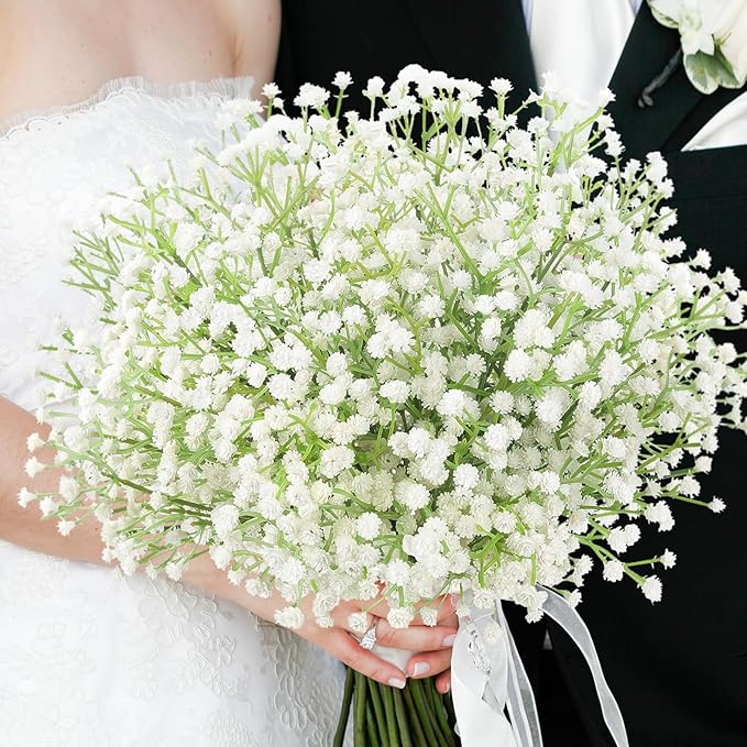N&T NIETING Babys Breath Artificial Flowers Bulk, 15Pcs Fake Gypsophila Bouquet Flowers Real Touch Faux Babies Breath Arrangement for Wedding Floral Party Home Centerpieces Vase Decoration, White