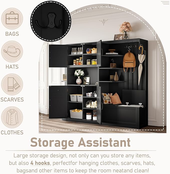 Multifunctional Hall Tree with 4 Hooks, Wood Hall Tree with Open Shelving and Flip Hidden Shelf, Left-Right Combination Coat Rack (can be Used Separately), Entryway Bench (Black/45c)