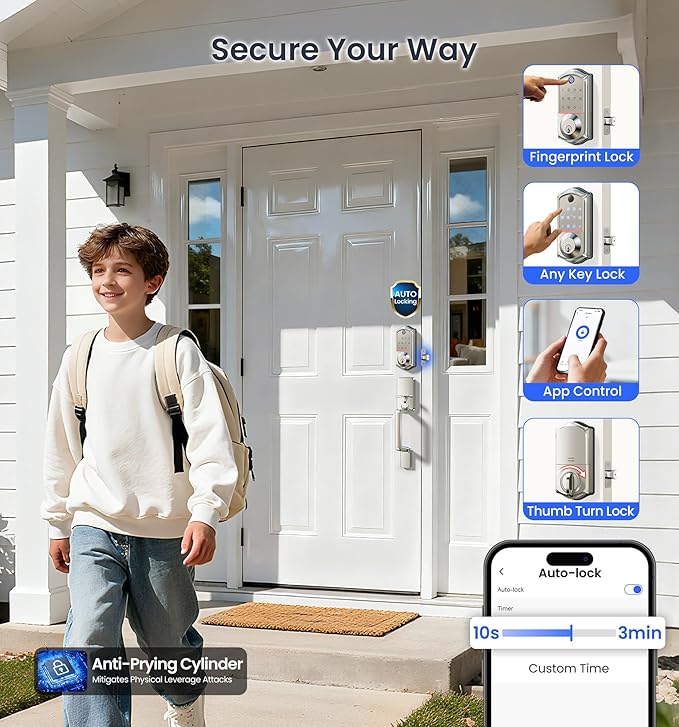 Veise VE017-D Smart Fingerprint Front Door Lock Set, App Control, 8-in-1 Keyless Entry Deadbolt with Lever Handle, Touchscreen Keypad, IP55 Weatherproof, Auto Lock, Easy Install, Satin Nickel