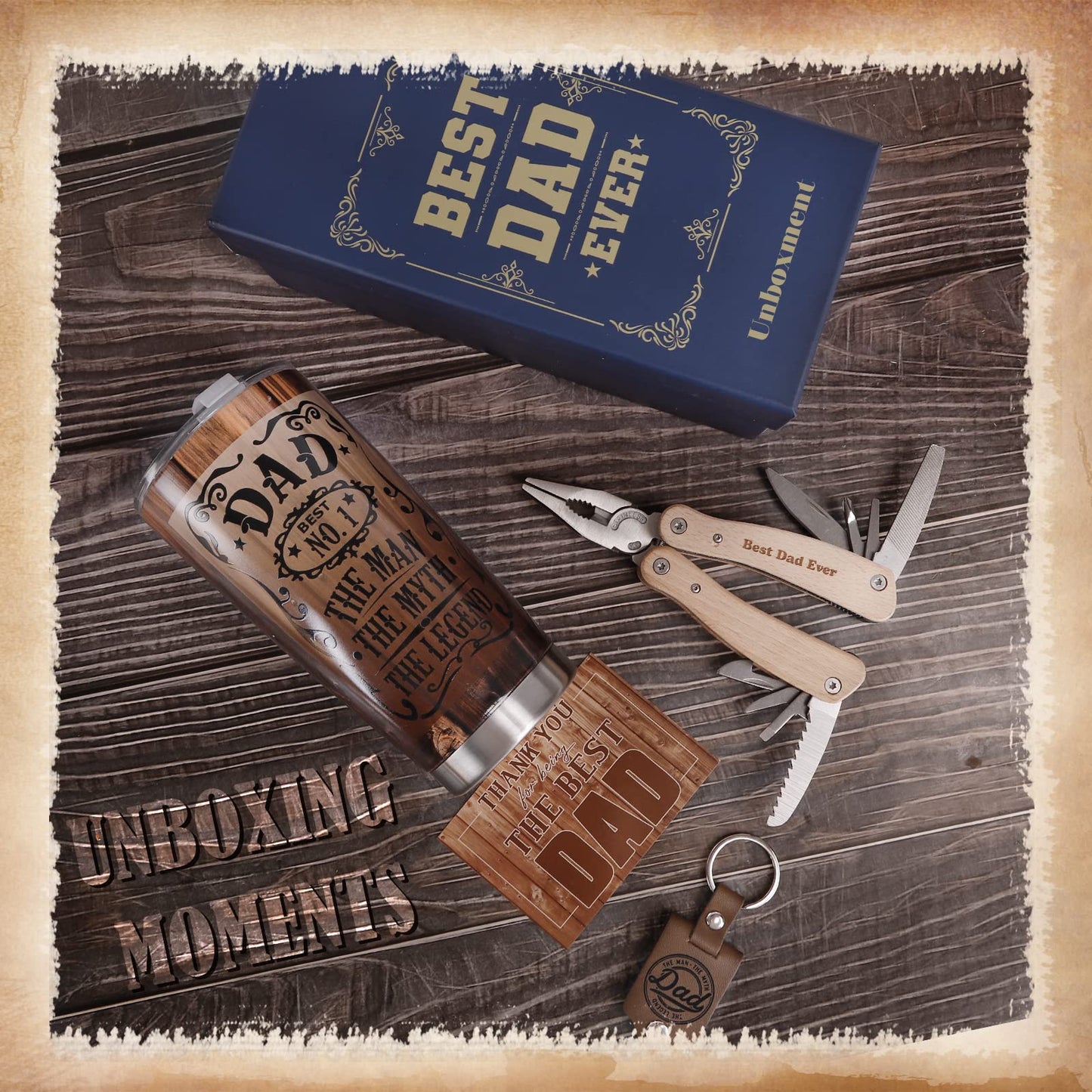 UNBOXMENT Fathers Day Dad Gifts, Best Dad Ever Gifts Basket, Retro Vintage Birthday Gifts for Dad Men, Tumbler Mug, Multitool, Keychain, Card, with Stylish Gift Box