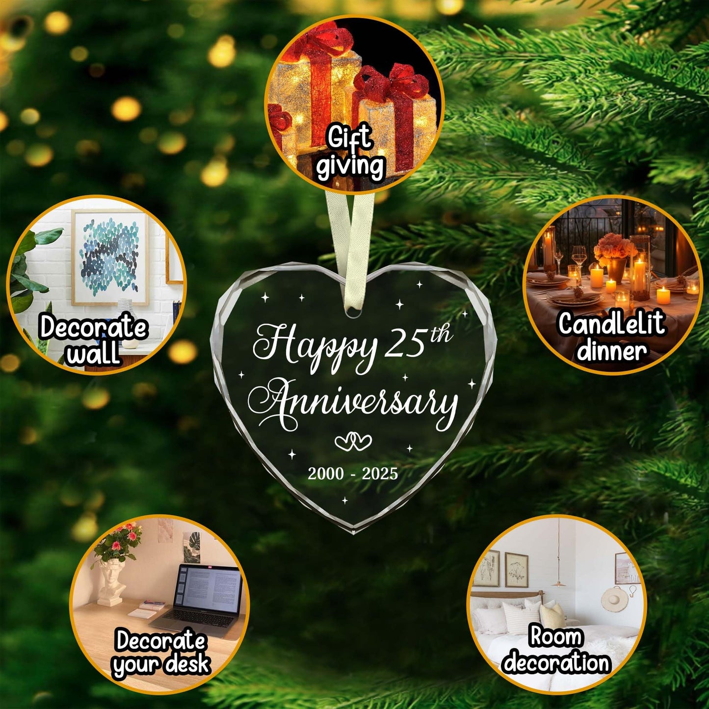 BSQUIELE Happy 25th Anniversary Ornament 2025-25th Wedding - 25th Anniversary Day Gift Idea for Couple - Christmas, Birthday Gift for Husband, Wife - 25 Year of Marriage Glass Ornament