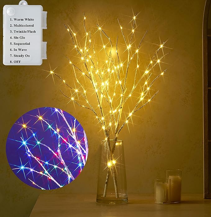 LITBLOOM Lighted Birch Branches Battery Operated with 8 Functions 30IN 100 Multi Color and Warm White Lights for Christmas Holiday Party Decoration Indoor Outdoor