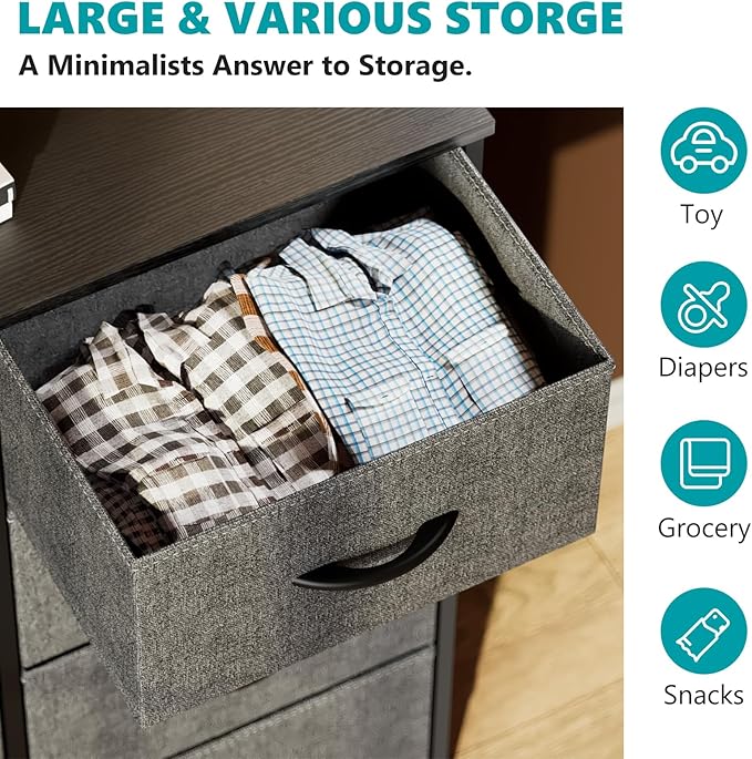 OLIXIS Dresser for Bedroom, 8 Storage Drawers, Tall Large Fabric Storage Tower Organizer, Chest of Drawers with Metal Frame Wooden Top for Nursery, Closet, Living Room, Entryway, Classic Grey