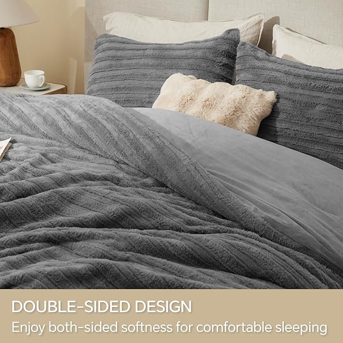 BEDELITE Fleece Twin Comforter Set -Super Soft & Warm Fluffy Grey Faux Fur Bedding, Luxury Fuzzy Heavy Bed Set for Winter with 1 Pillow case