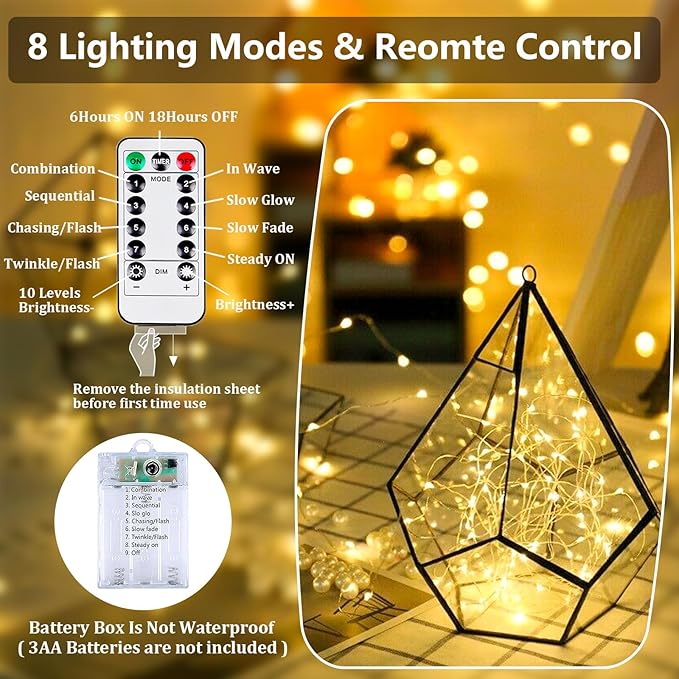 2-Pack 50 LED Fairy Lights Battery Operated with Remote Control Timer, 16 FT 50 LED Battery Lights Outdoor Indoor, 8 Mode Twinkle String Lights for Classroom Party Bedroom Christmas Décor (Warm White)