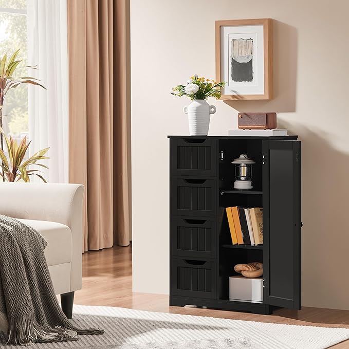 Yaheetech Wooden Bathroom Floor/Side Storage Organizer Cabinet with 4 Drawers and 1 Cupboard, Freestanding Entryway Storage Unit Console Table for Home Decor