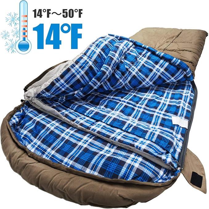 AGEMORE 0 Degree Canvas Sleeping Bag for Fishing, Hunting, Traveling and Camping Particularly in Cold Winter Outdoor with Removable Flannel Liner and Free Compression Sack for Big and Tall Adults
