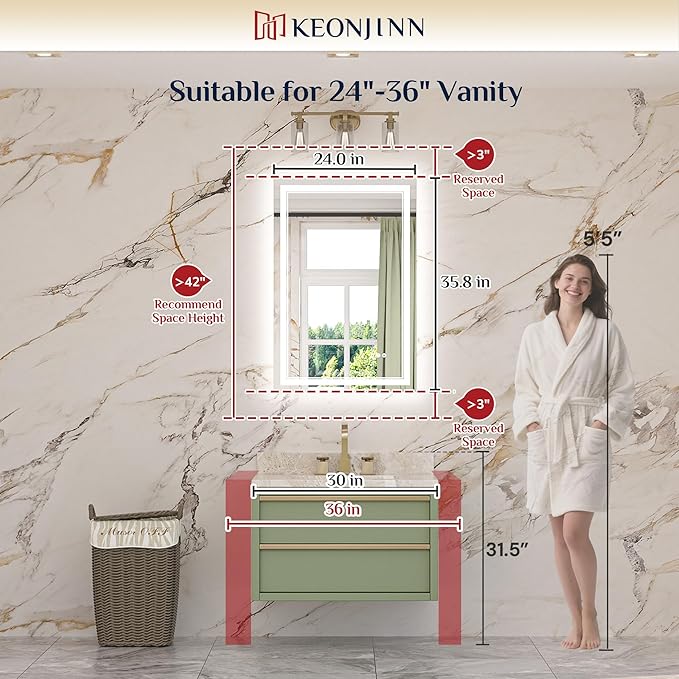 Keonjinn LED Mirror for Bathroom, 36 x 24 Inch, Wall Mounted, Dimmable, Anti-Fog, IP54 Waterproof, 3 Year Warranty
