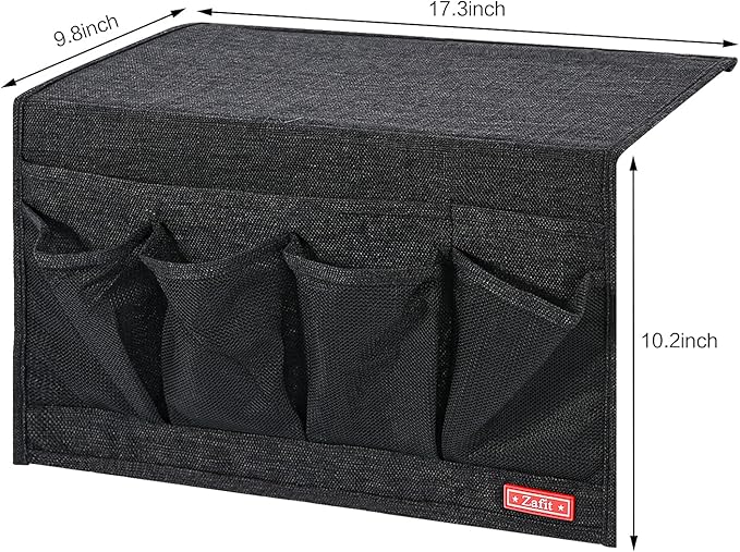 Linen 6 Pockets Bedside Caddy, Bedside Storage Organizer for Magazine, Remotes, Phone (Black)