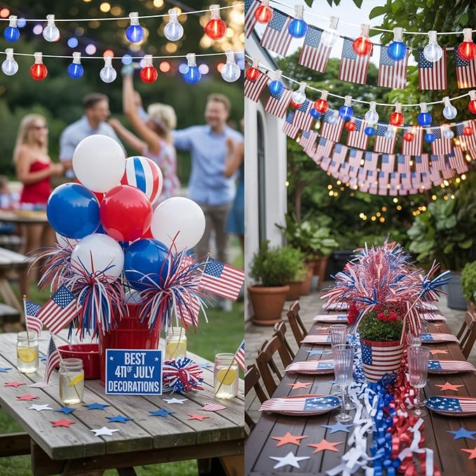 LAMPHOME 26Ft LED G40 Red White and Blue Lights Outdoor 4th of July Lights with12+1 Shatterproof Bulbs for Patriotic Decor in Yard Garden Patio - Light up Memorial Day 4th of July Decorations Outdoor