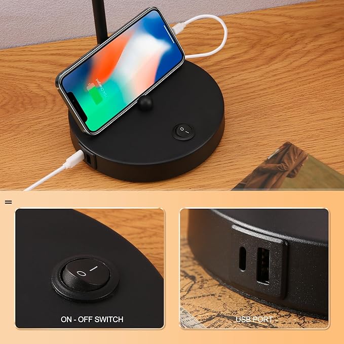 LED Desk Lamp with Dual USB Charging Ports, 100% Metal, 270° Swivel Arms, Soft White Light (3000K), Bedside Reading Lamp, Home Office Lamp (Black)