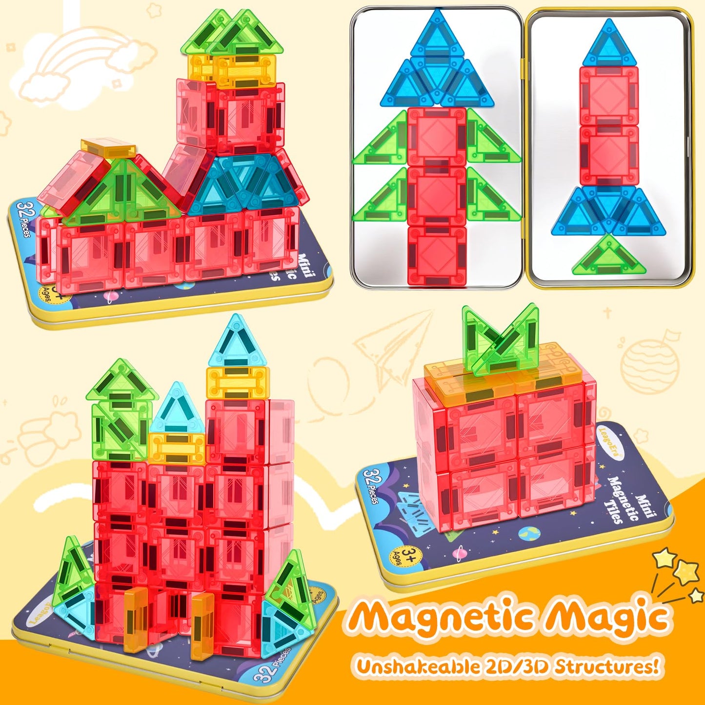 Magnetic Tiles Building Blocks Toy Set: Portable Mini Size Magnetiles Travel Set 32 Pieces with Iron Tin Construction Toys Gift for Kids Girls and Boys Ages 3-12 Years Old School Classroom Must Haves