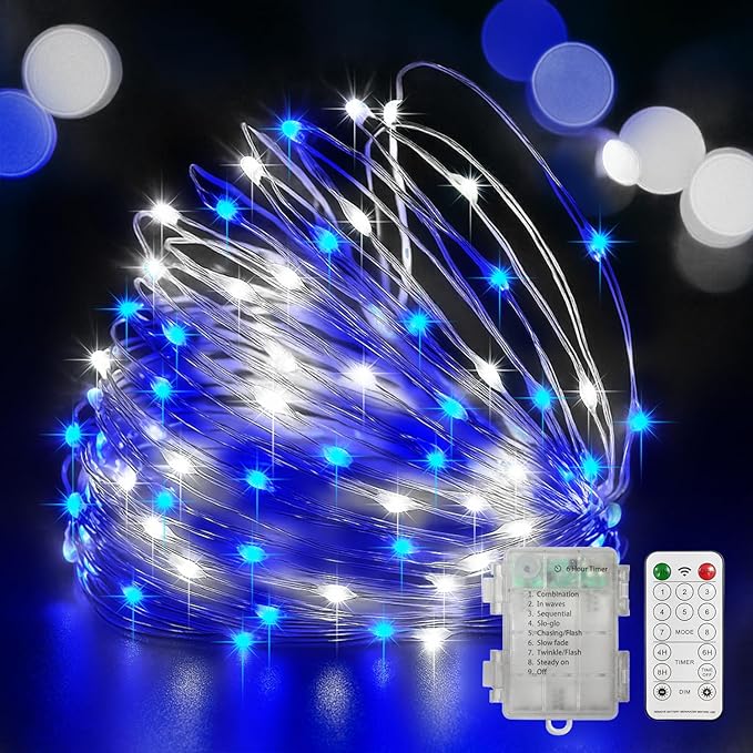 LAMPHOME 100 LED 33FT Blue and White Fairy Lights Battery Operated with Remote, Mini Starry String Lights Multi Functions & Timer,Twinkle for Christmas Home Bedroom Wedding DIY Centerpiece Decor