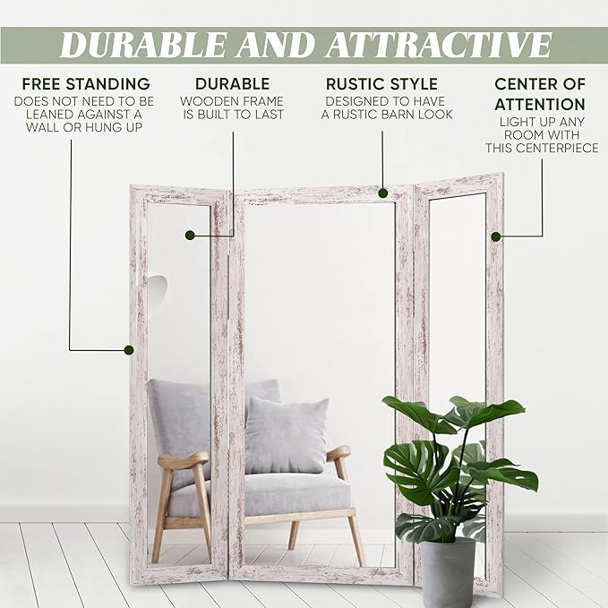 Houseables Full Length Mirror, Trifold Body Mirrors, 71x32-65 Inch, White, Extra Large, Oversized, 360, 3-Way, Standing Floor, Wood Framed, Farmhouse, Rustic, 3 Sided for Bedroom, Dressing, Makeup