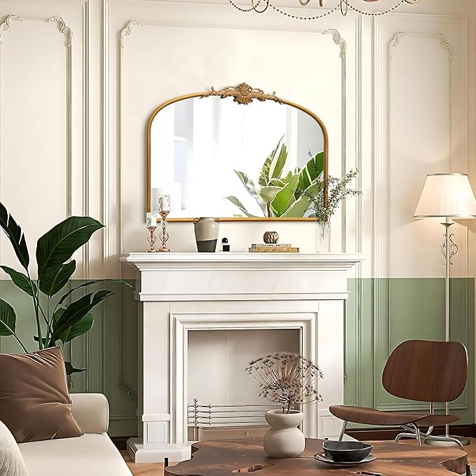 Besdomus Antique Arched Gold Mirror: 32"x24" Large Gleaming Gold Antique Wall Mounted Mirror - Baroque Traditional Ornate for Fireplace/Bathroom/Bedroom - Wall Decor for Homemakers
