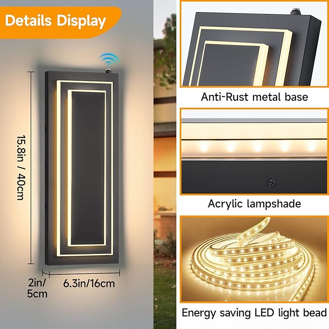 Dusk to Dawn Outdoor LED Wall Sconce,15.7 in Black Modern Square Outdoor Light Fixtures Wall Mount,Waterproof 2-Tier Exterior Lights for House,Garage,Porch,Patio,Yard,Foyer,3000K,24 W, 2PCS