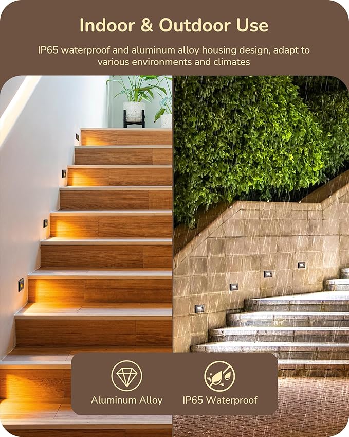 EDISHINE 6 Pack 120V 3CCT Indoor Outdoor Step Lights, 2.5W 150LM Oil-Rubber Bronze LED Stair Lights, 2700K-5000K 5%-100% Dimmable IP65 Waterproof Aluminum Concrete Step Lights, CRI90, Beam Angle 30°