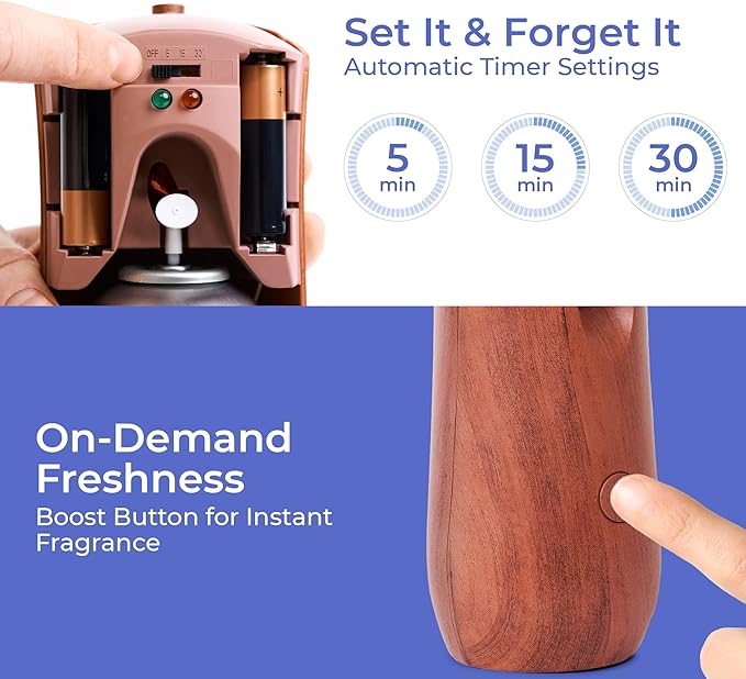 Automatic Air Freshener Spray Dispenser: Automatic Spray Dispenser with Elegant Wood Design for Commercial or Home Use (2-Pack), Battery Powered Free Standing or Wall Air freshener, Three Time Release