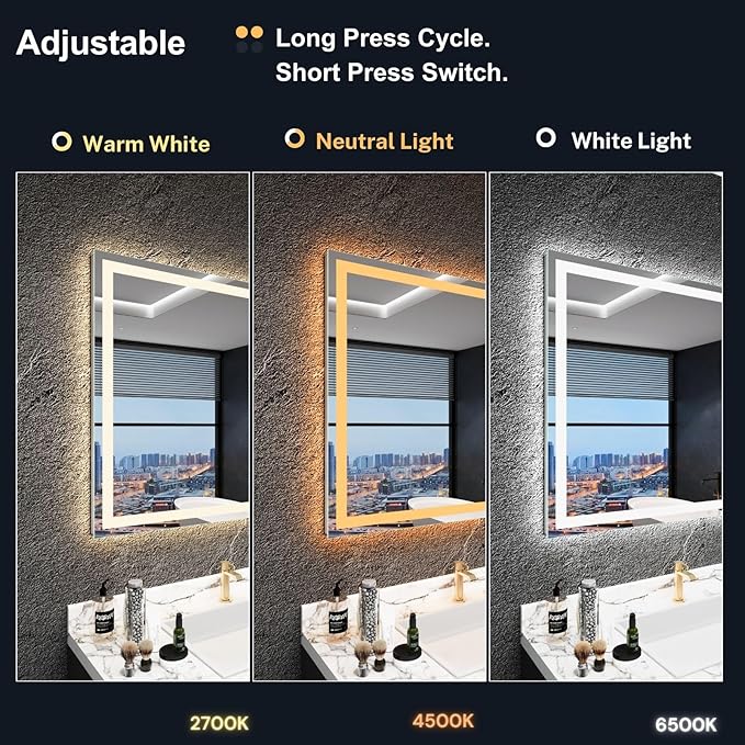 LED Bathroom Mirror 48"x 30", Front Lit and Backlit LED Mirror with Lights,Stepless Dimmable,Anti-Fog, Shatter-Proof, Memory, 3 Colors,LED Mirror for Bathroom .(Horizontal/Vertical)