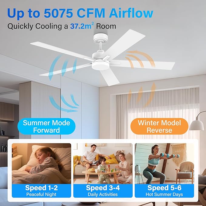 60” Smart Ceiling Fan with Lights Remote,Control via Alexa Google Voice App Wifi,Silent DC Motor,Dimmable,Outdoor Indoor Modern Ceiling Fans for Large Bedroom Patio Porch,White and Wood