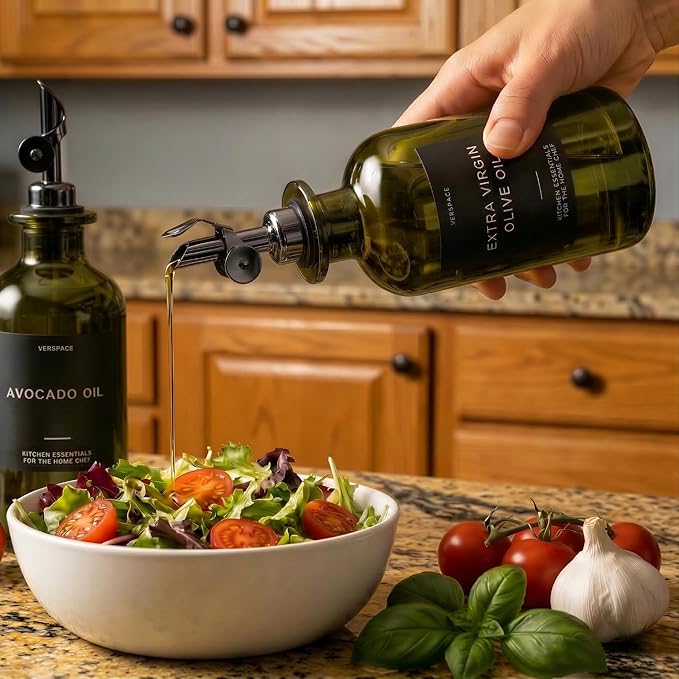 Verspace UV-Protected Green Glass Olive Oil Dispenser Bottles For Kitchen - Includes 40 Kitchen Essential Labels, Avocado Oil Dispenser Set, Modern Decor for Home, Airbnb, Cafe Set of 2