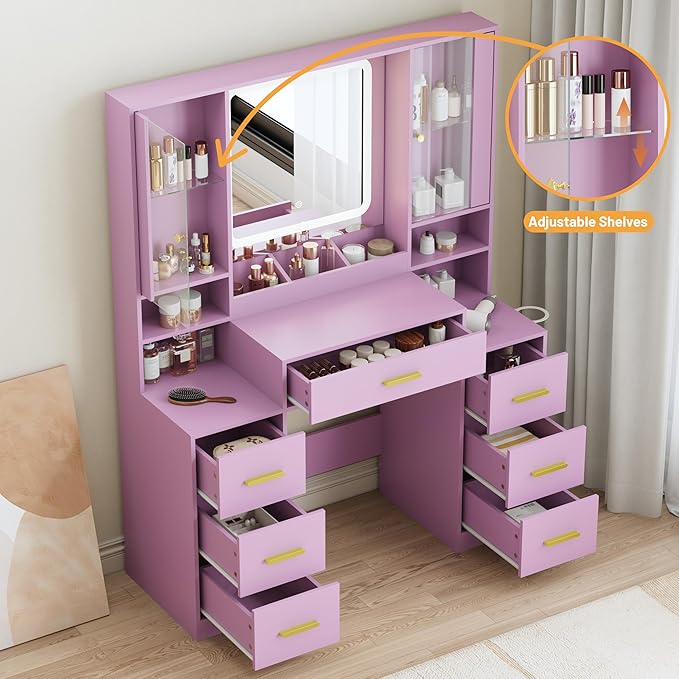 Vanity Desk with Mirror and Lights, Makeup Vanity with 7 Drawers, 2 Glass Door Cabinets, Charging Station, Adjustable Shelves, RGB Lighting, Hair Dryer Holder