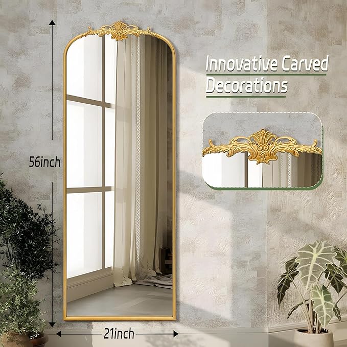 Besdomus Antique Full Length Mirror: 21"x56" Gleaming Gold Arched Full Body Mirror - Floor Vintage Baroque Traditional Ornate for Entryway/Cloakroom/Bedroom - Home Decor for Interior Designers
