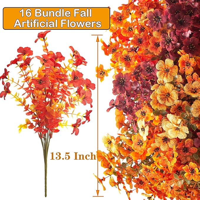 16 Bundles Artificial Fall Flowers Outdoor UV Resistant Faux Daisy, Colorful No Fade Autumn Decor for Front Door Porch Patio Yard Balcony Thanksgiving Christmas (Fall Mix)