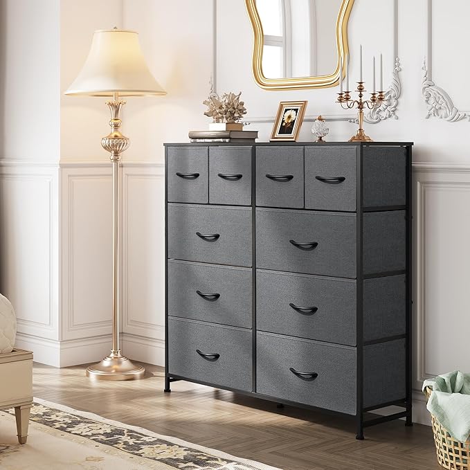 WLIVE Large Dresser for Bedroom, Fabric Dresser with 10 Drawers, Storage Tower with Fabric Bins, Double Dressers, Chest of Drawers for Closet, Living Room, Hallway, Dark Grey