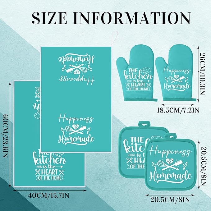 Sratte 6 Pcs Kitchen Decor Accessories Set Farmhouse Towels Pot Holders Oven Mitts Set 2 Dish Towels 2 Potholders 2 Cooking Mittens Oven Glove for Christmas Baking Cooking Supply(Light Teal,Kitchen)