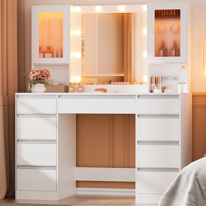 Vanity Desk with Mirror and Lights, 42.52" 9 Drawer Makeup Table with 2 RGB Lighting Cabinets and Power Outlet for Girls and Ladies Bedroom, White