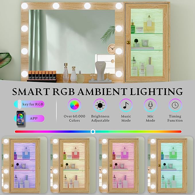 Fluted Vanity Desk with Mirror and Lights, 45" Glass Top Makeup Table Set with 5 Drawers, Power Outlet & Storage Cabinet, Large Dressing Table with RGB Ambient Light for Bedroom Women Girls, Oak