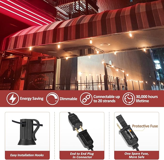 Achin Outdoor String Lights 150FT LED ST38 Edison Vintage String Lights Outdoor Dimmable Warm 2200K with 75 Shatterproof Bulbs Plastic String Lights Waterproof for Patio Bistro Gazebo Lights