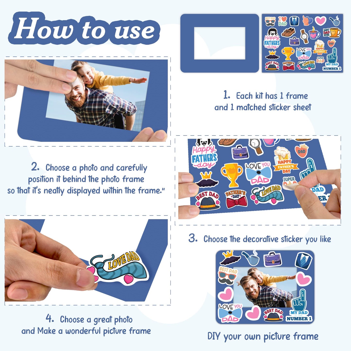 Set 24 Frames Fathers Day Crafts for Classroom with 264 Stickers, Easy DIY Project Fathers Day Gifts Bulk, Manualidades para El Dia Del Padre, DIY Ideas for Dad Kit (Paper Frame, Fit 2.6x4" Photo)"