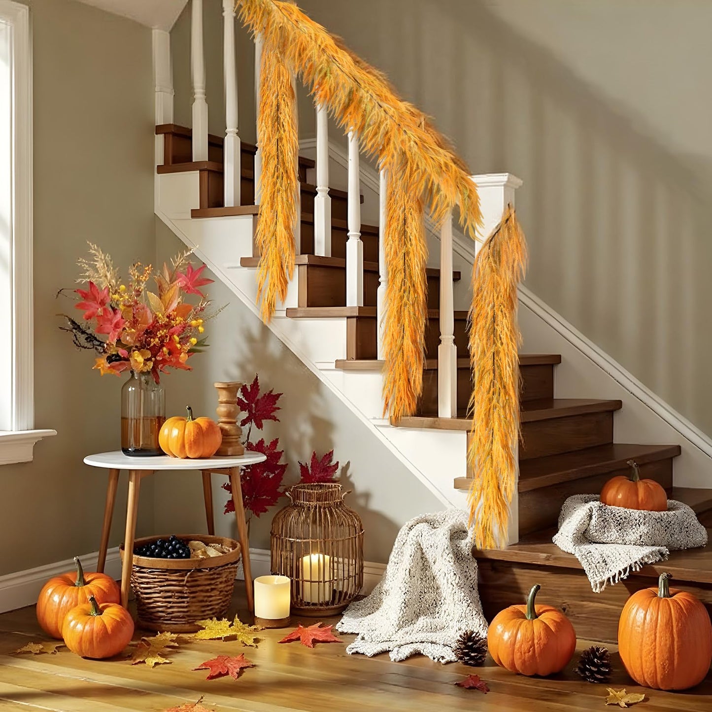 Noverlife 6FT Fall Garland for Mantle, Artificial Fall Leaf Garlands Gradient Autumn Hanging Norfolk Pine Garland, Harvest Faux Pine Wreath Fall Leaves Decor for Home Thanksgiving Halloween