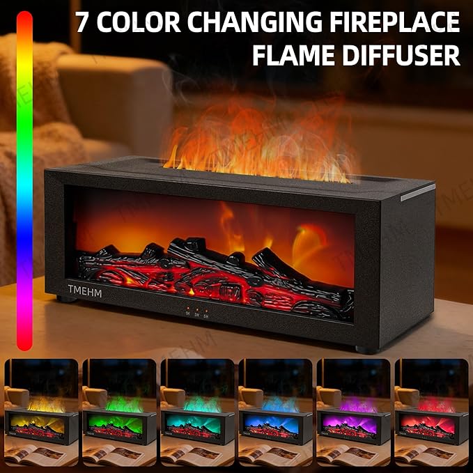 Fireplace Flame Air Diffuser Humidifier,7 Colors Aromatherapy Essential Oil Diffuser,Ultrasonic Aroma Humidifier with Timer for Home,Bedroom,Office,Yoga (Black, L)
