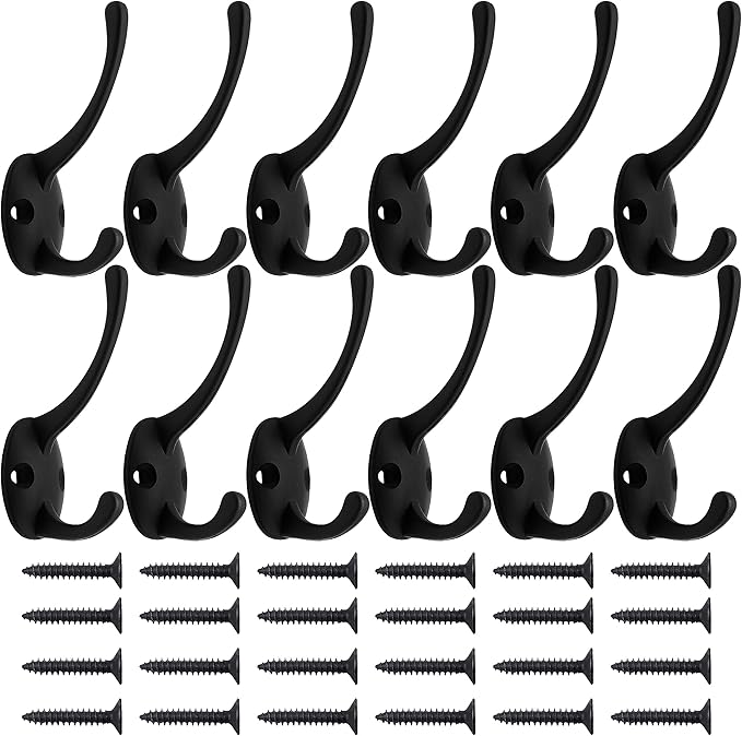IBosins 12 Pack Black Coat Hooks Wall Mounted with 24 Screws Retro Double Hooks Utility Black Hooks for Coat, Scarf, Bag, Towel, Key, Cap, Cup, Hat