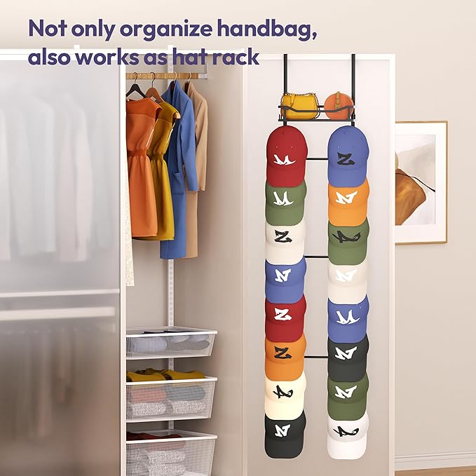 SWTYMIKI Over The Door Purse Organizer - Wall Mounted Purse Rack with 16 Hooks and Metal Basket, Hanging Handbag Storage Organizer Holds up to 16 Bags, Bag Rack Can Use As 1/2 Part, for Door, Closet