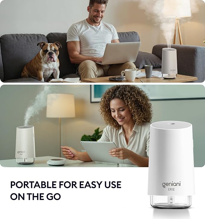 GENIANI Portable Cool Mist Humidifiers for Bedroom & Office - Ultrasonic Humidifier for Home, Baby, Small Room with Auto Shut Off, 250ML Easy to Clean Water Tank